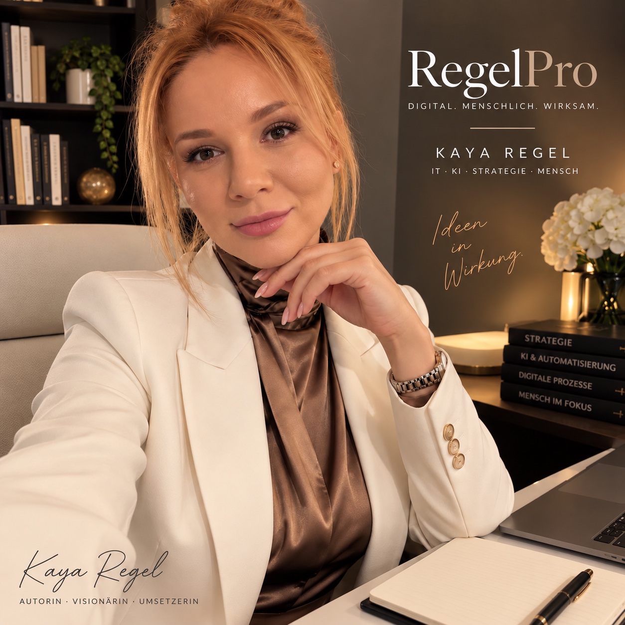 Kaya Regel im hellen Blazer neben dem Schriftzug RegelPro: Digital. Menschlich. Wirksam.