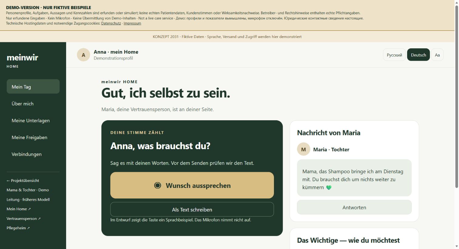 Screenshot des Mein-Wir-Home-Entwurfs: Tagesübersicht mit einer fiktiven Nachricht der Vertrauensperson.
